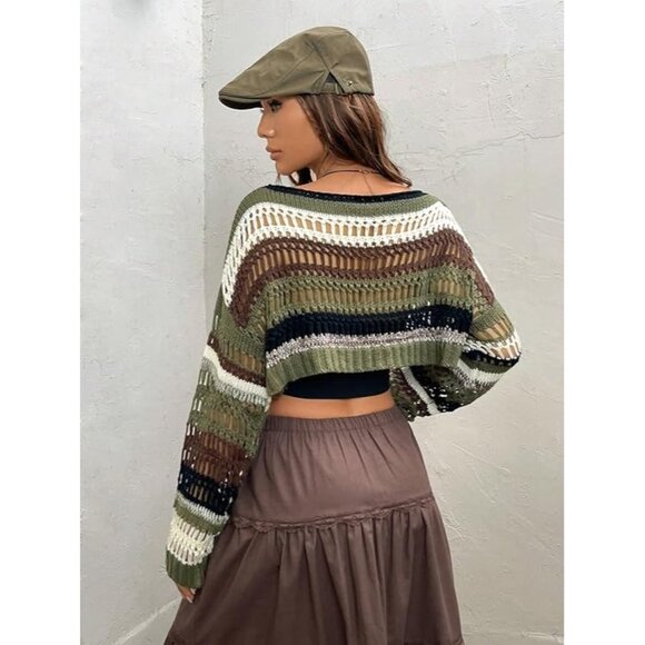 Cropped Crochet Striped Long Sleeve Sweater Small Multi-Color Acrylic Knit Boho - Picture 2 of 11